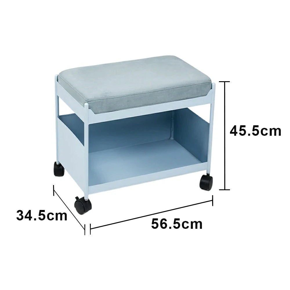 LIVARA Mobile Storage Ottoman Trolley - Iron Frame Rolling Side Table with Cushion Seat Organiser Cart Design - Blue