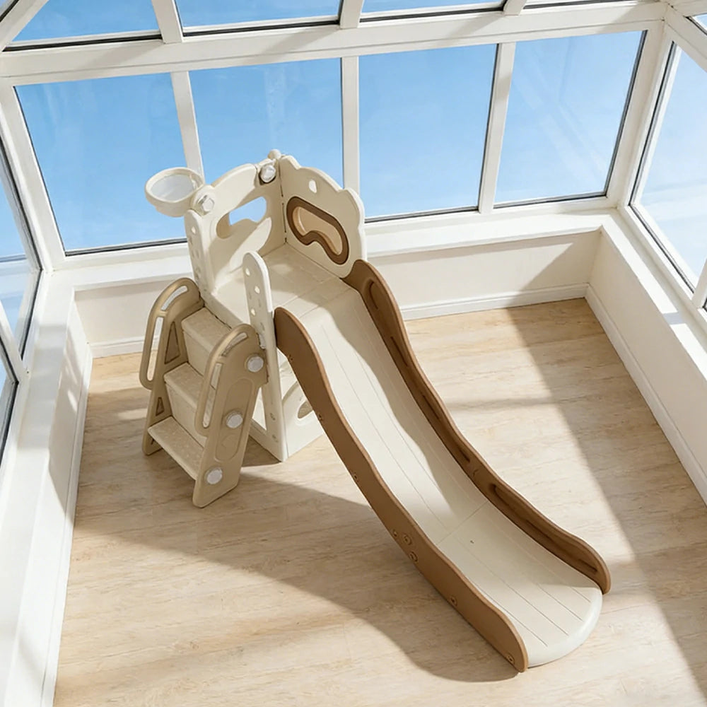 LIVARA Kids Slide Three-Section Long Slide Anti-Slip Steps Reinforced Frame Space-Saving Foldable Design - Coffee