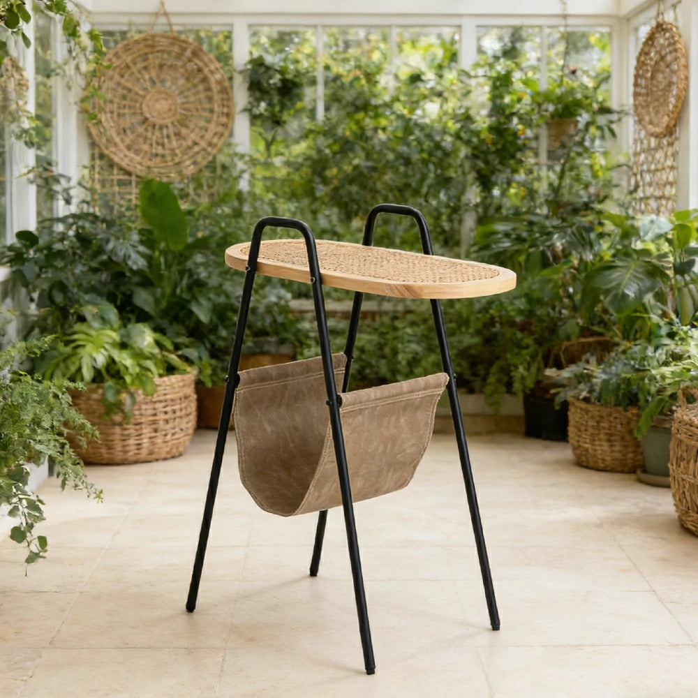 LIVARA Rattan Magazine Side Table - Storage Rack with Leather Pocket, Solid Wood Top Iron Frame Bedside Table - Black