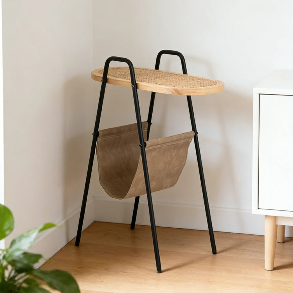 LIVARA Rattan Magazine Side Table - Storage Rack with Leather Pocket, Solid Wood Top Iron Frame Bedside Table - Black