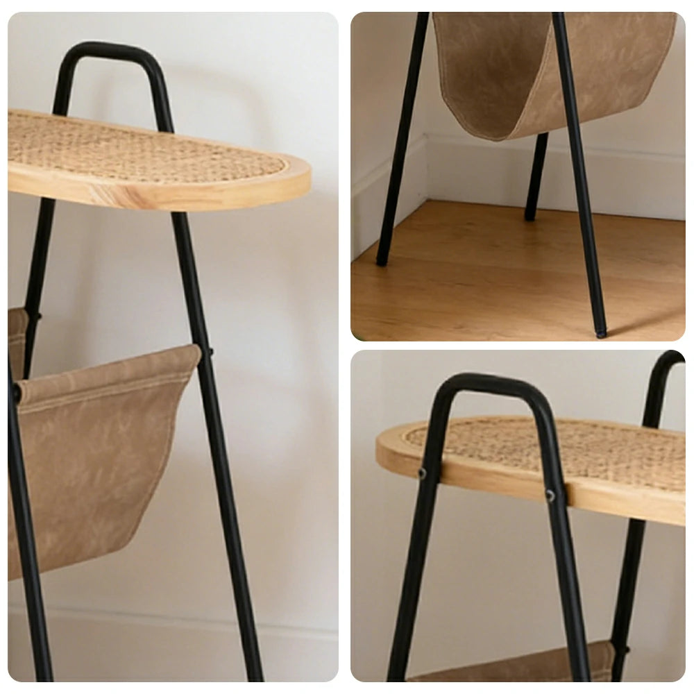 LIVARA Rattan Magazine Side Table - Storage Rack with Leather Pocket, Solid Wood Top Iron Frame Bedside Table - Black