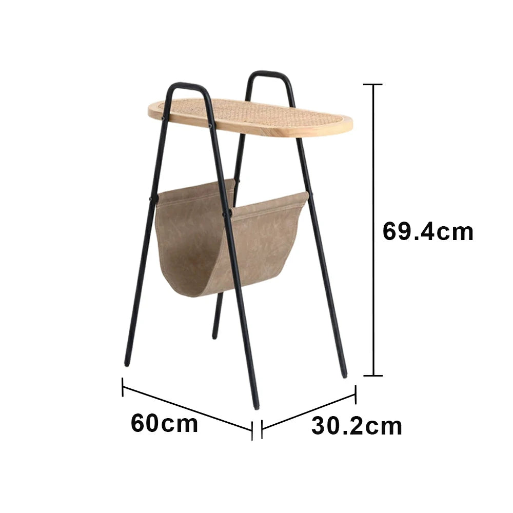 LIVARA Rattan Magazine Side Table - Storage Rack with Leather Pocket, Solid Wood Top Iron Frame Bedside Table - Black