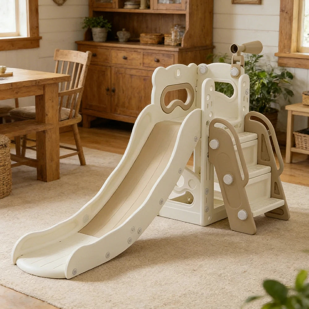 LIVARA Kids Slide Three-Section Long Slide Anti-Slip Steps Reinforced Frame Space-Saving Foldable Design - Khaki