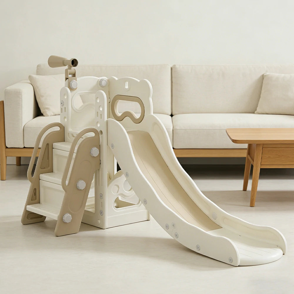 LIVARA Kids Slide Three-Section Long Slide Anti-Slip Steps Reinforced Frame Space-Saving Foldable Design - Khaki