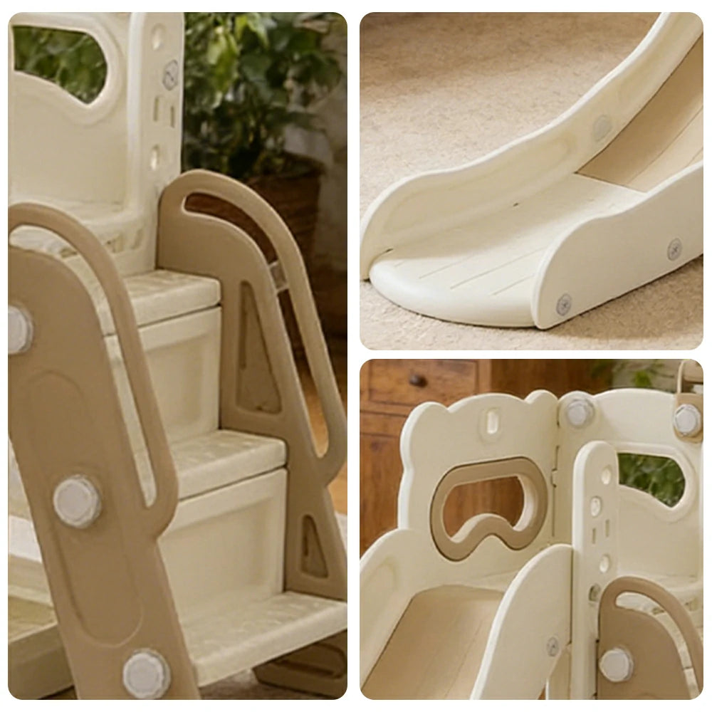 LIVARA Kids Slide Three-Section Long Slide Anti-Slip Steps Reinforced Frame Space-Saving Foldable Design - Khaki