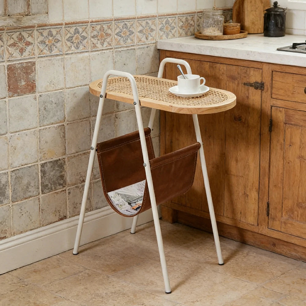 LIVARA Rattan Magazine Side Table - Storage Rack with Leather Pocket, Solid Wood Top Iron Frame Bedside Table - White