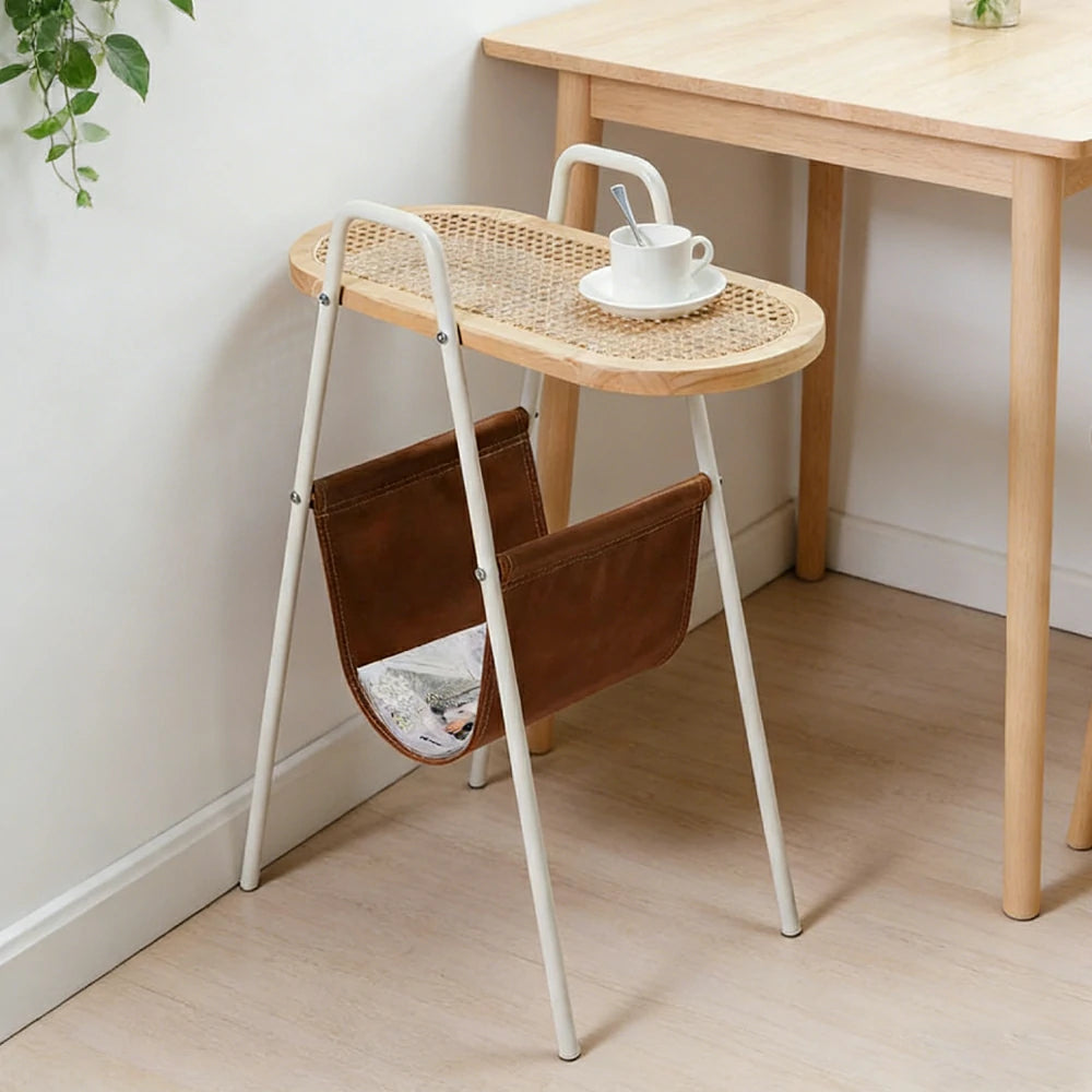 LIVARA Rattan Magazine Side Table - Storage Rack with Leather Pocket, Solid Wood Top Iron Frame Bedside Table - White