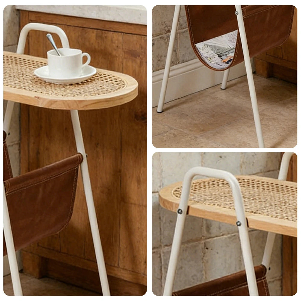 LIVARA Rattan Magazine Side Table - Storage Rack with Leather Pocket, Solid Wood Top Iron Frame Bedside Table - White