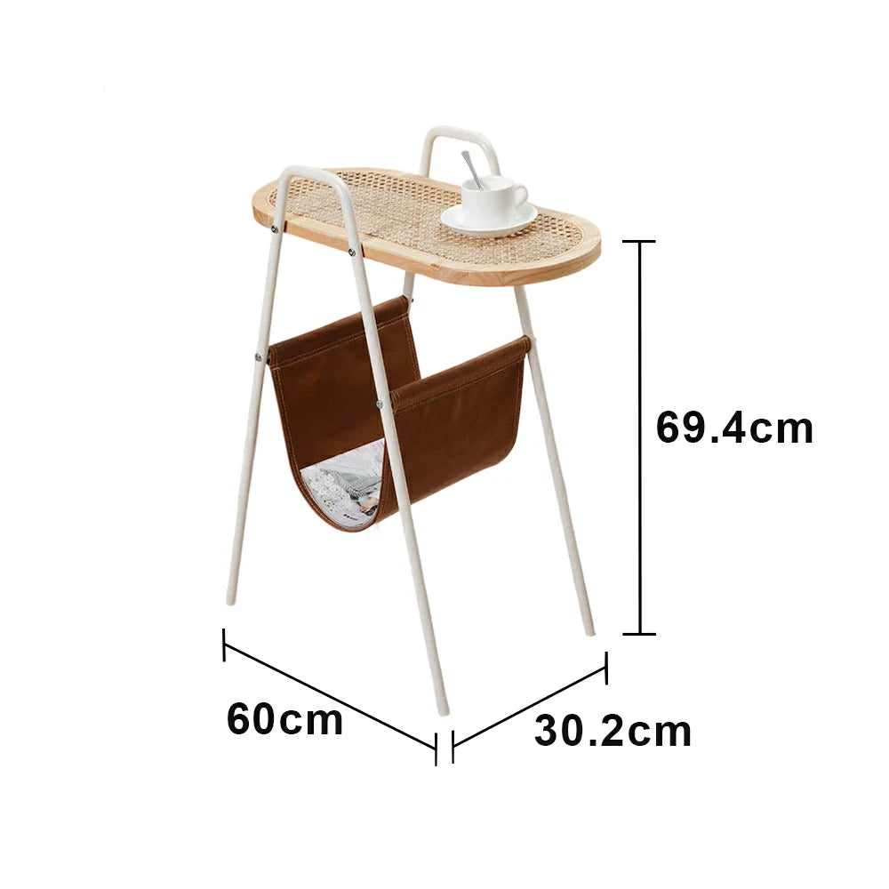 LIVARA Rattan Magazine Side Table - Storage Rack with Leather Pocket, Solid Wood Top Iron Frame Bedside Table - White