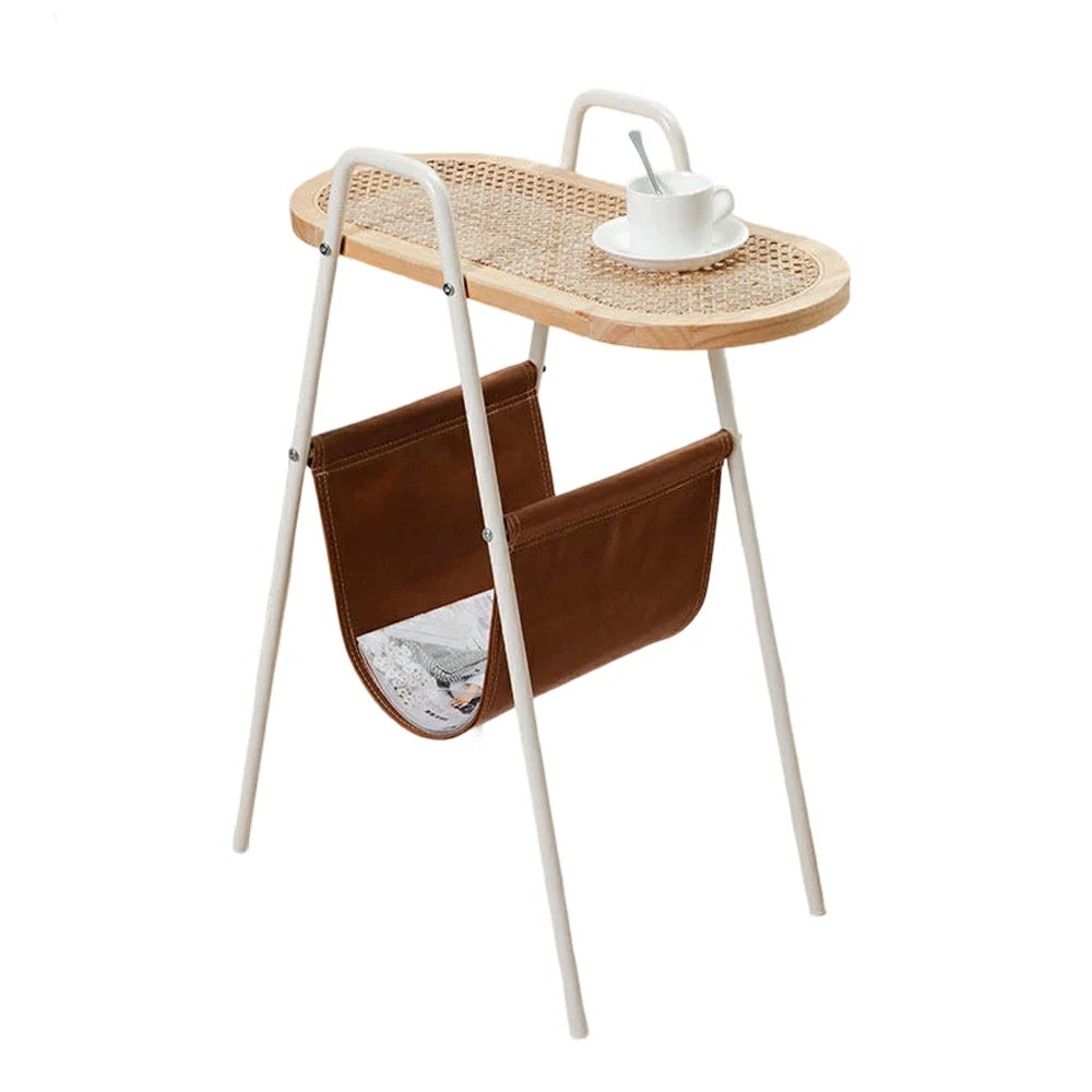LIVARA Rattan Magazine Side Table - Storage Rack with Leather Pocket, Solid Wood Top Iron Frame Bedside Table - White