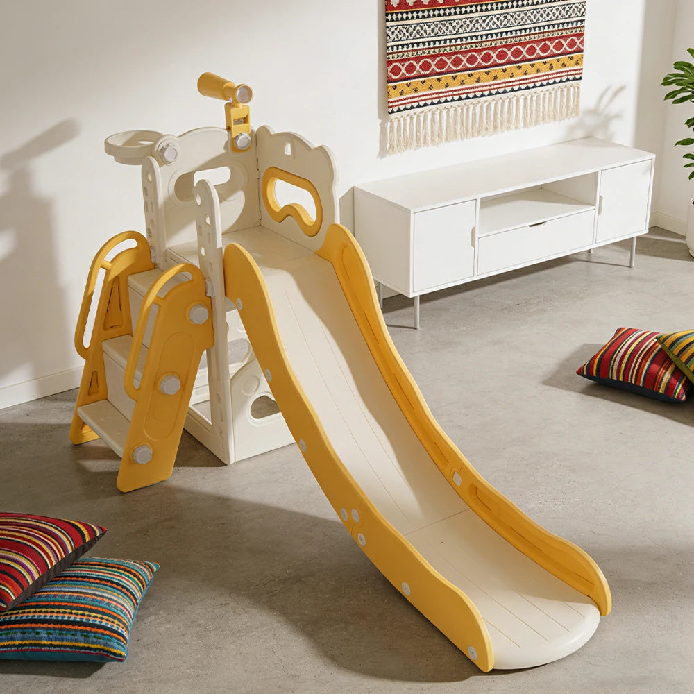 LIVARA Kids Slide Three-Section Long Slide Anti-Slip Steps Reinforced Frame Space-Saving Foldable Design - Yellow