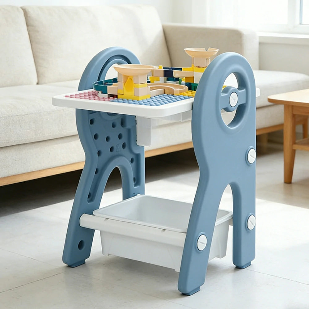 LIVARA Dual-purpose Art Table, Building Blocks Play, Ergonomic Design, Smooth Rounded Surface, Convenient Storage Drawer - Blue