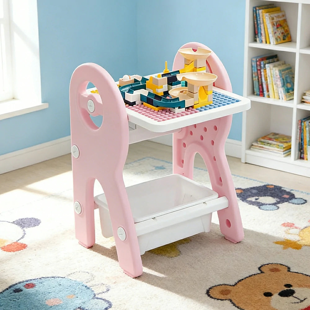 LIVARA Dual-purpose Art Table, Building Blocks Play, Ergonomic Design, Smooth Rounded Surface, Convenient Storage Drawer - Pink