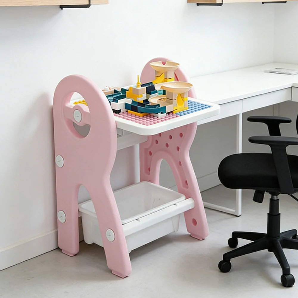 LIVARA Dual-purpose Art Table, Building Blocks Play, Ergonomic Design, Smooth Rounded Surface, Convenient Storage Drawer - Pink