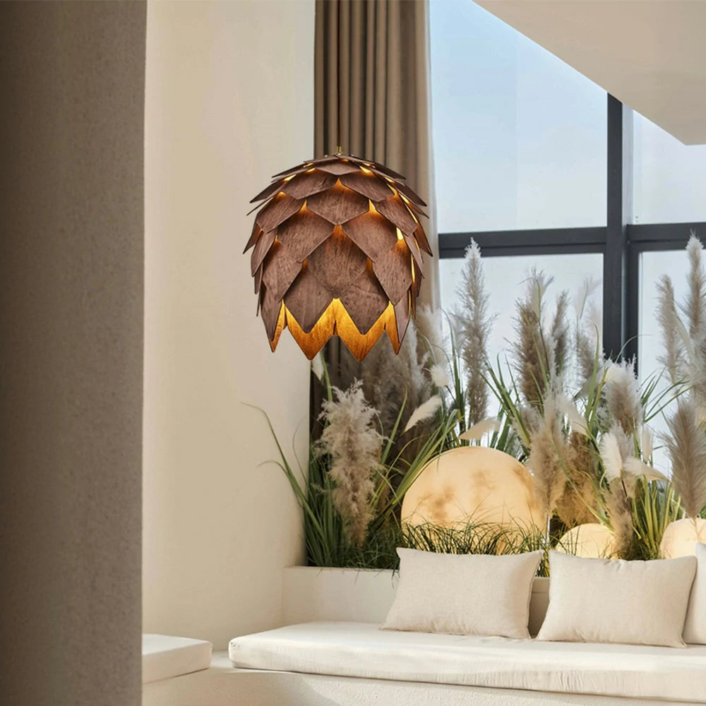 LIVARA 25/40/60cm Pinecone Pendant Light, Handcrafted Basswood Lampshade with E27 LED Bulb Included, Nordic Natural Style Ceiling Lamp - Walnut