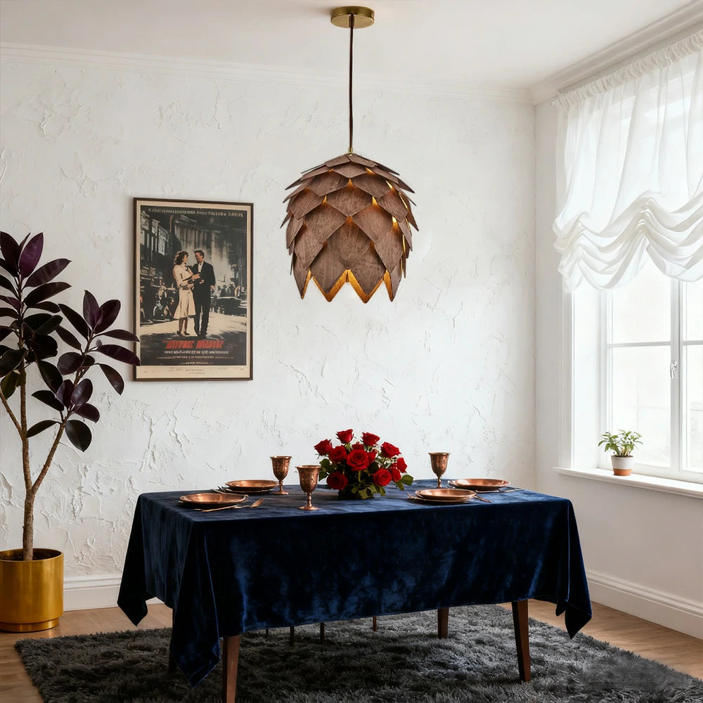 LIVARA 25/40/60cm Pinecone Pendant Light, Handcrafted Basswood Lampshade with E27 LED Bulb Included, Nordic Natural Style Ceiling Lamp - Walnut