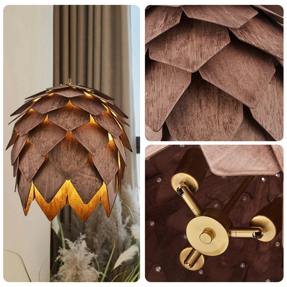 LIVARA 25/40/60cm Pinecone Pendant Light, Handcrafted Basswood Lampshade with E27 LED Bulb Included, Nordic Natural Style Ceiling Lamp - Walnut