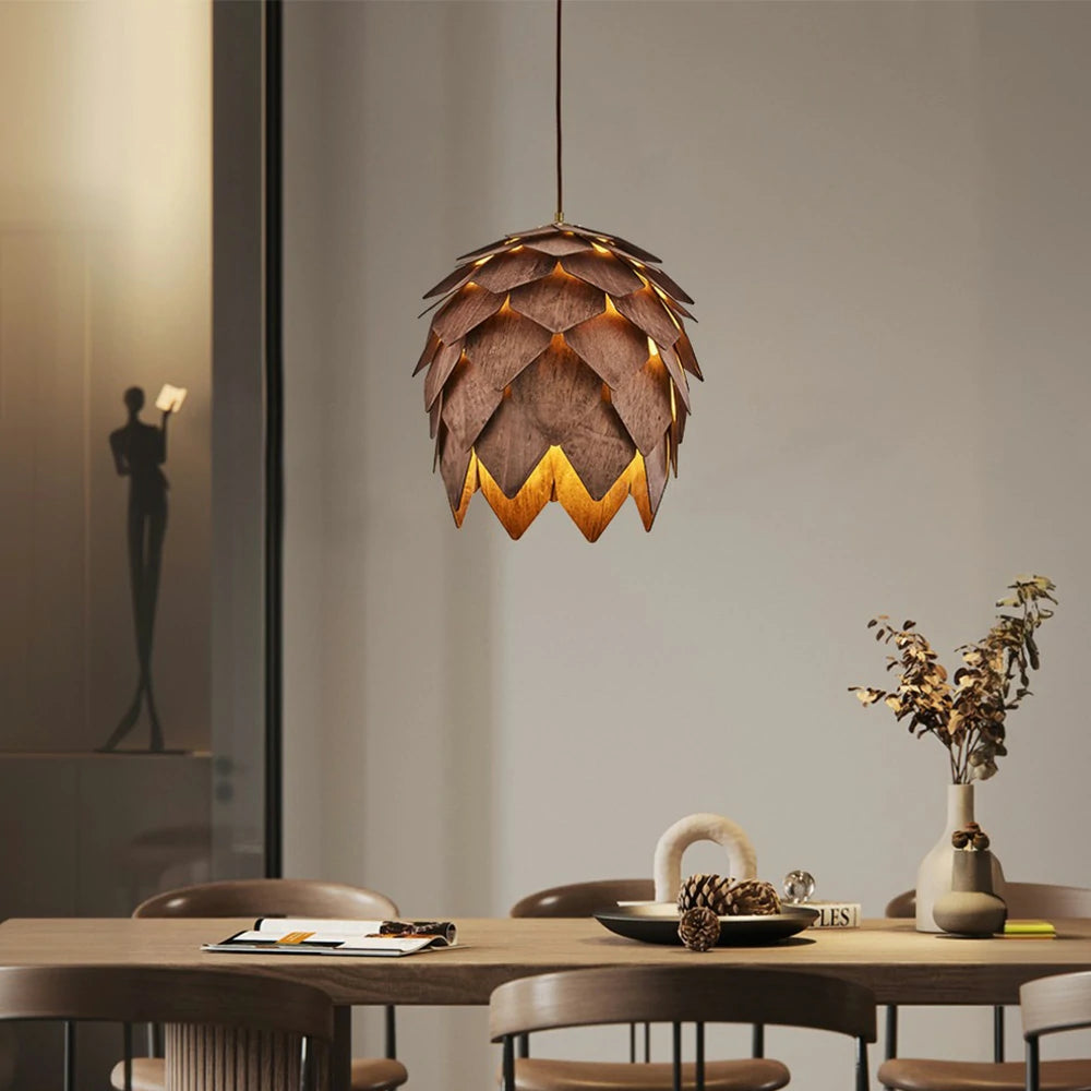 LIVARA 25/40/60cm Pinecone Pendant Light, Handcrafted Basswood Lampshade with E27 LED Bulb Included, Nordic Natural Style Ceiling Lamp - Walnut