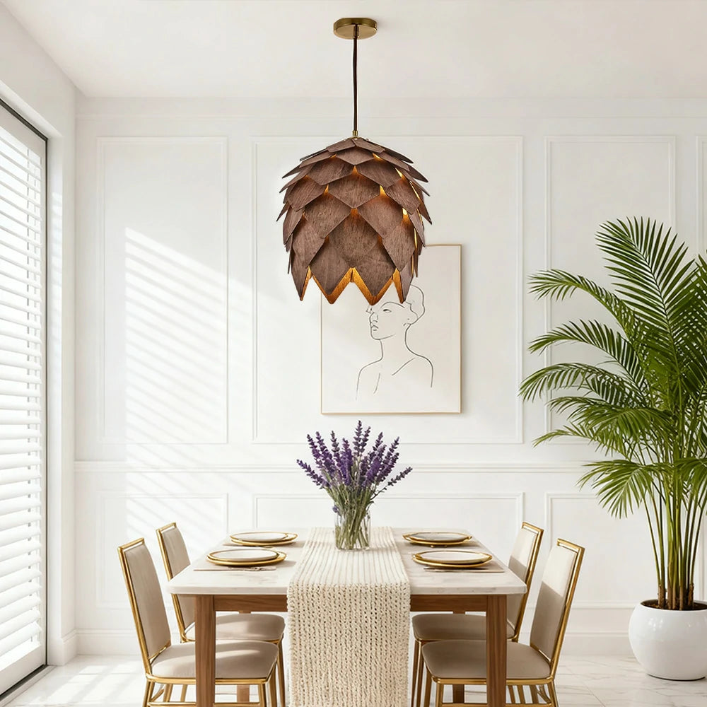 LIVARA 25/40/60cm Pinecone Pendant Light, Handcrafted Basswood Lampshade with E27 LED Bulb Included, Nordic Natural Style Ceiling Lamp - Walnut