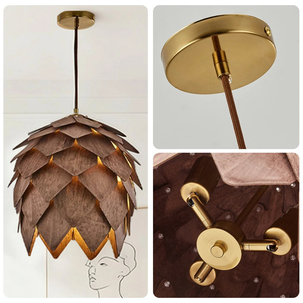 LIVARA 25/40/60cm Pinecone Pendant Light, Handcrafted Basswood Lampshade with E27 LED Bulb Included, Nordic Natural Style Ceiling Lamp - Walnut