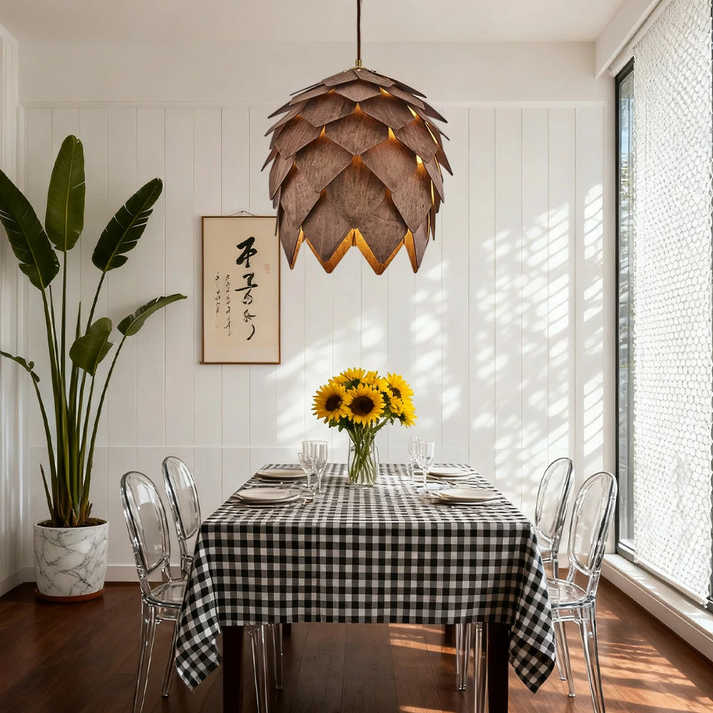 LIVARA 25/40/60cm Pinecone Pendant Light, Handcrafted Basswood Lampshade with E27 LED Bulb Included, Nordic Natural Style Ceiling Lamp - Walnut