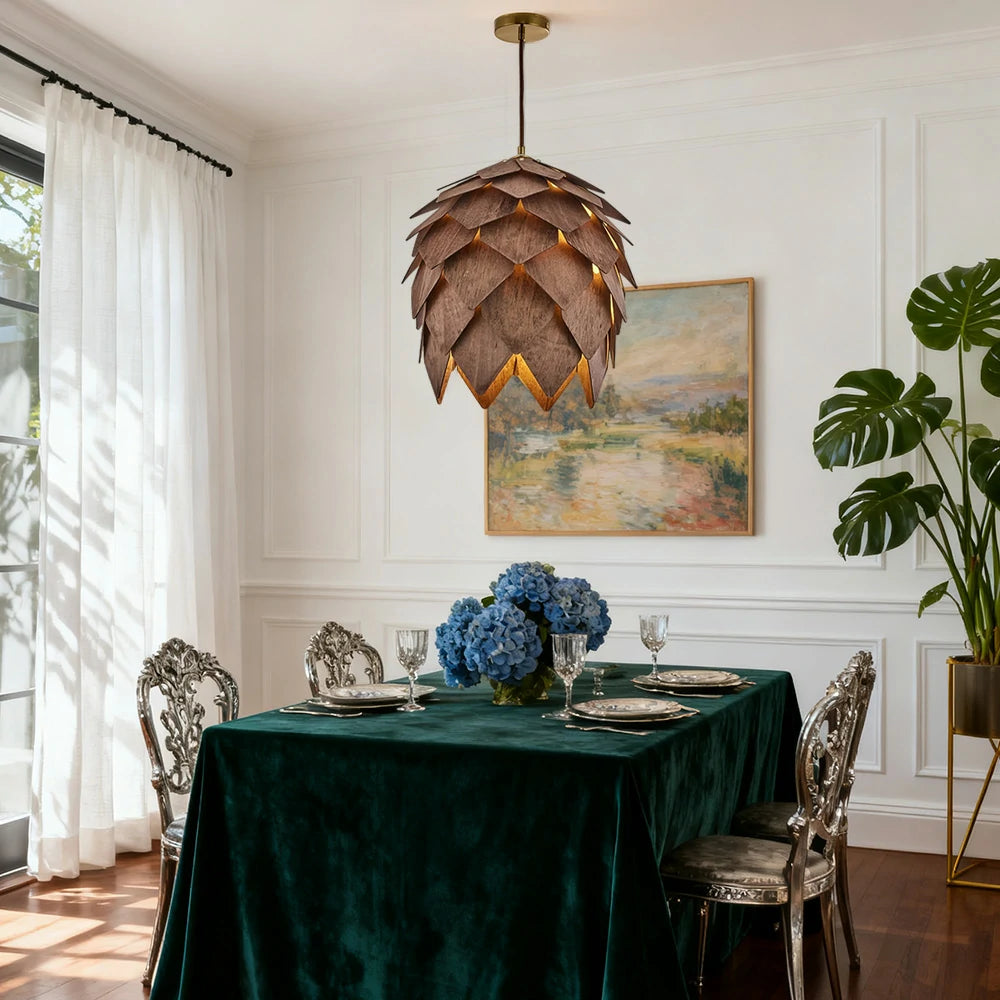 LIVARA 25/40/60cm Pinecone Pendant Light, Handcrafted Basswood Lampshade with E27 LED Bulb Included, Nordic Natural Style Ceiling Lamp - Walnut