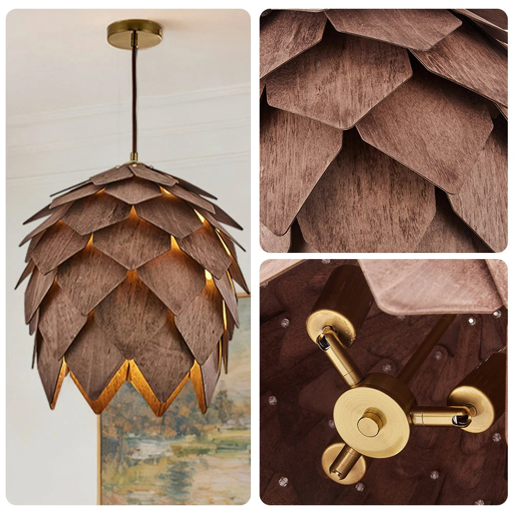 LIVARA 25/40/60cm Pinecone Pendant Light, Handcrafted Basswood Lampshade with E27 LED Bulb Included, Nordic Natural Style Ceiling Lamp - Walnut