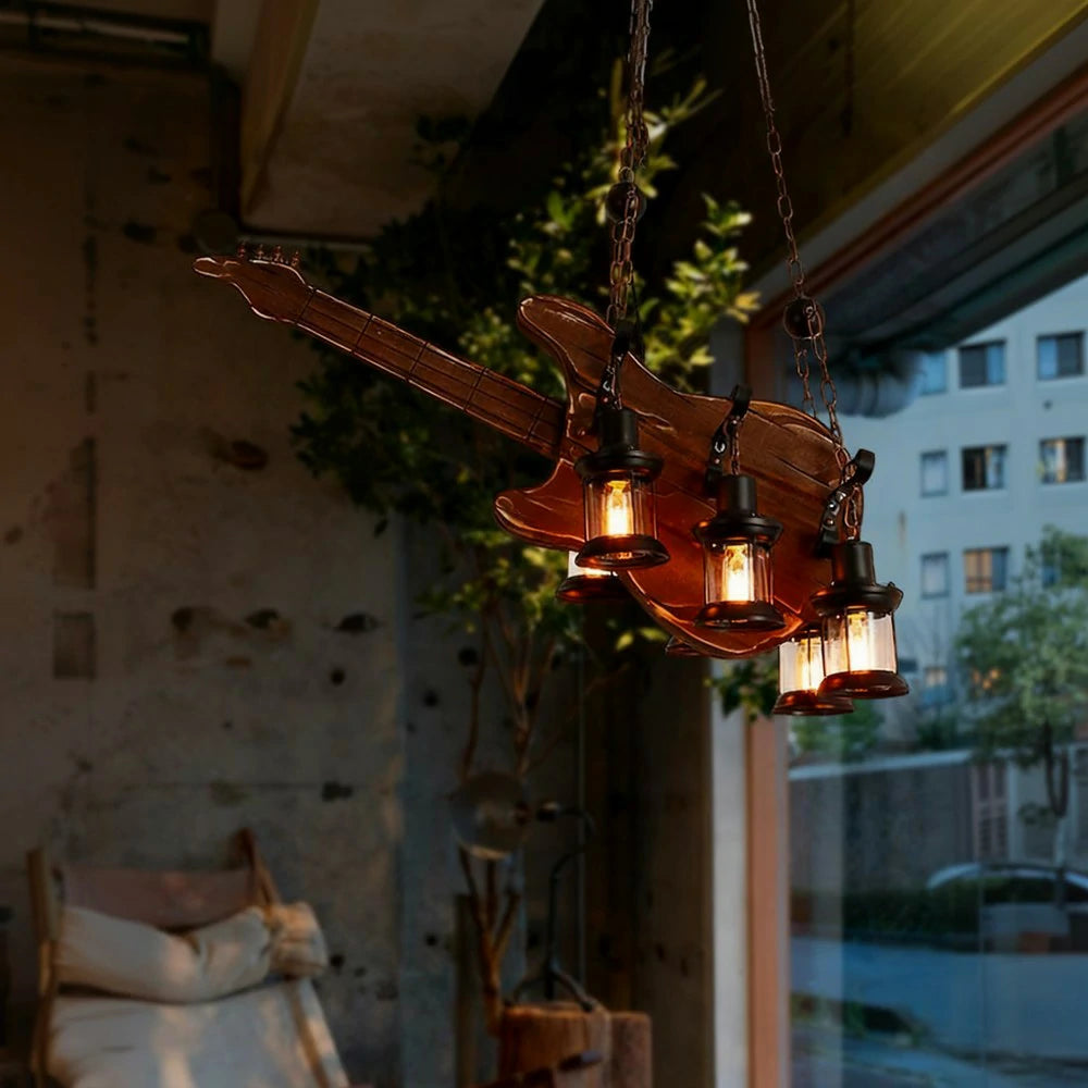 LIVARA Bass Guitar Pendant Light with 6x4W Edison Bulbs, Retro Industrial Style Solid Wood Ceiling Lamp