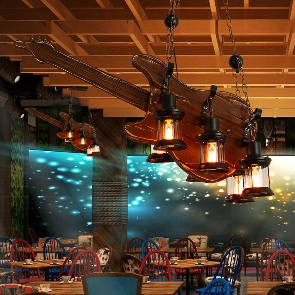 LIVARA Bass Guitar Pendant Light with 6x4W Edison Bulbs, Retro Industrial Style Solid Wood Ceiling Lamp