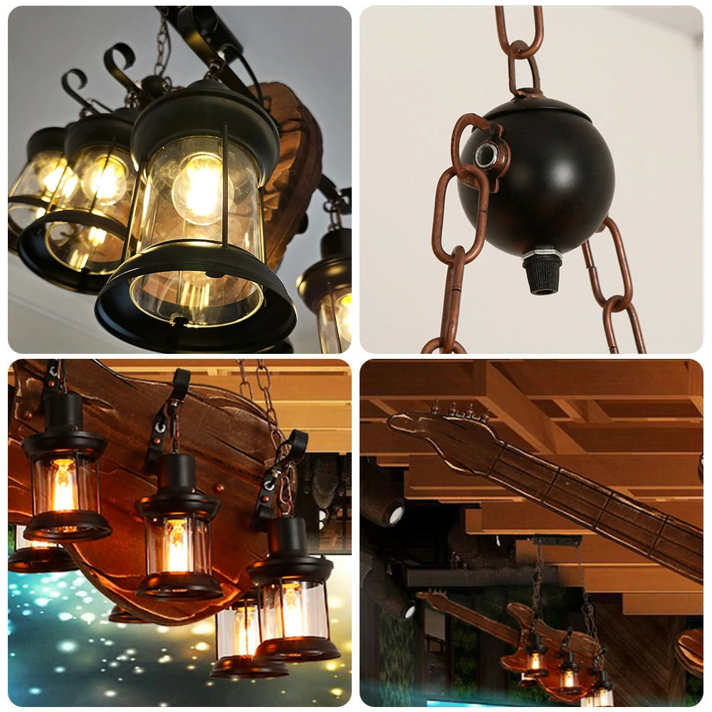 LIVARA Bass Guitar Pendant Light with 6x4W Edison Bulbs, Retro Industrial Style Solid Wood Ceiling Lamp