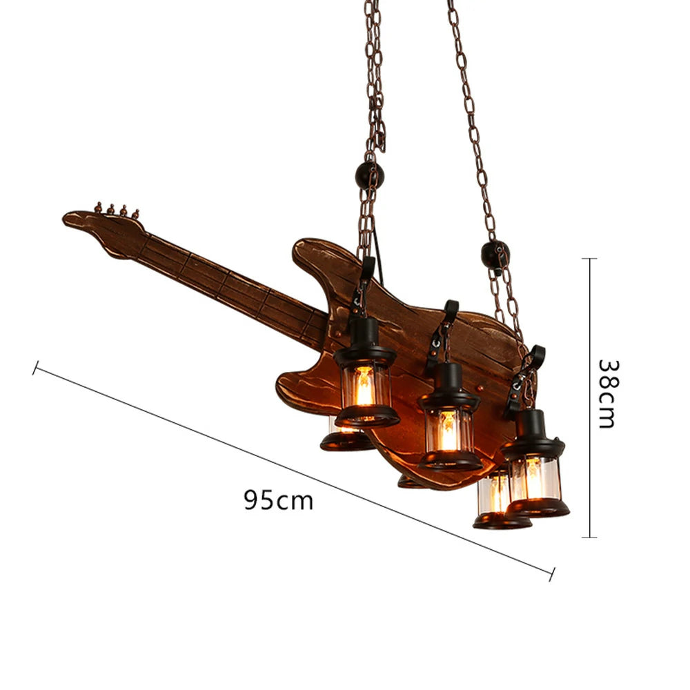 LIVARA Bass Guitar Pendant Light with 6x4W Edison Bulbs, Retro Industrial Style Solid Wood Ceiling Lamp