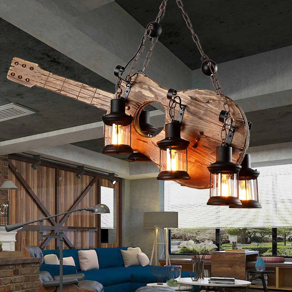 LIVARA Guitar Pendant Light with 6x4W Edison Bulbs, Retro Industrial Solid Wood Ceiling Lamp