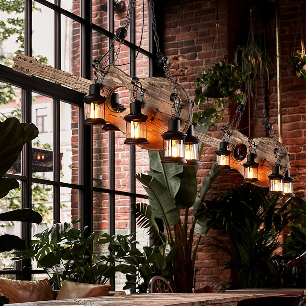 LIVARA Guitar Pendant Light with 6x4W Edison Bulbs, Retro Industrial Solid Wood Ceiling Lamp