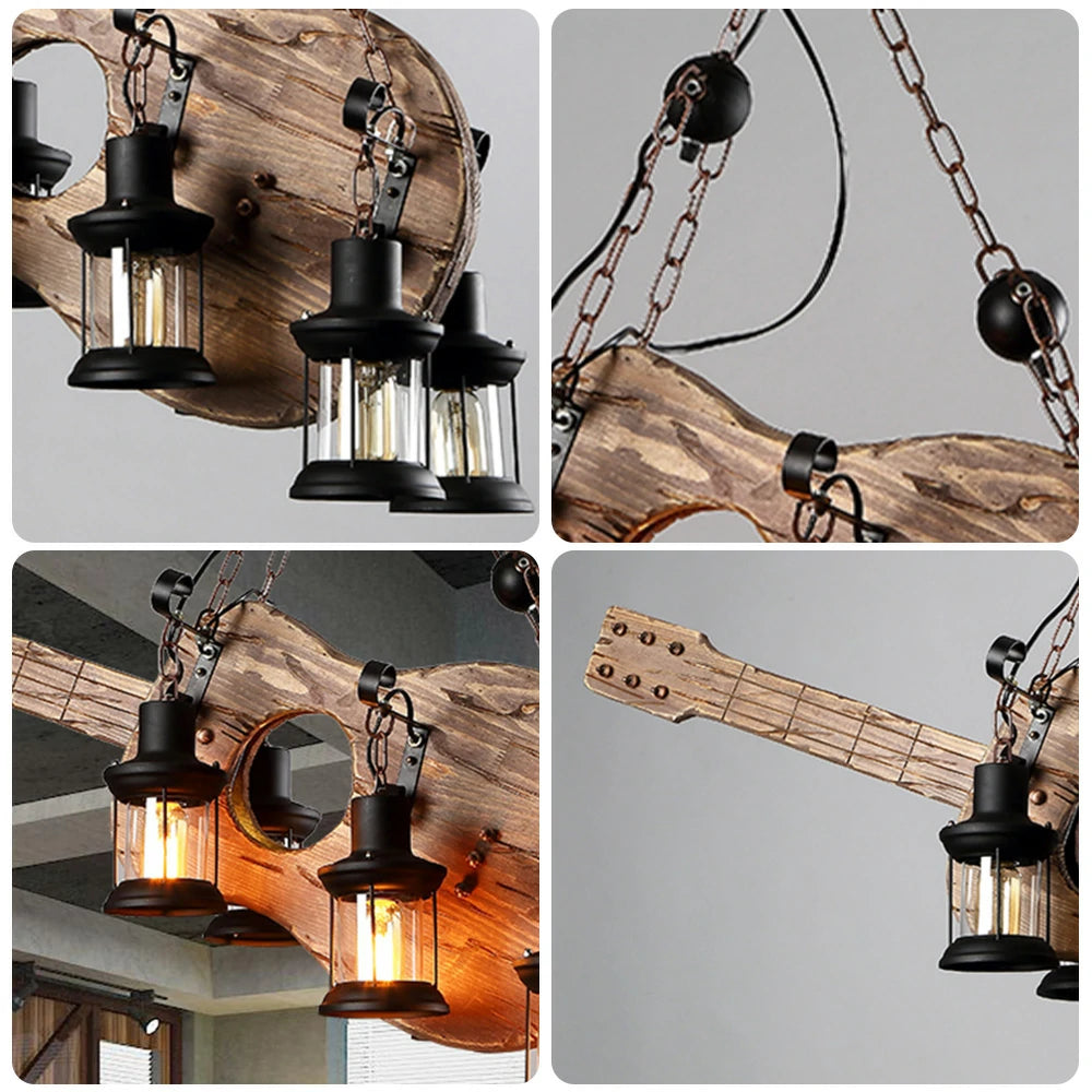 LIVARA Guitar Pendant Light with 6x4W Edison Bulbs, Retro Industrial Solid Wood Ceiling Lamp