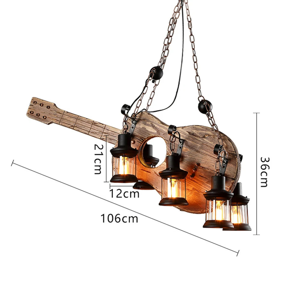 LIVARA Guitar Pendant Light with 6x4W Edison Bulbs, Retro Industrial Solid Wood Ceiling Lamp