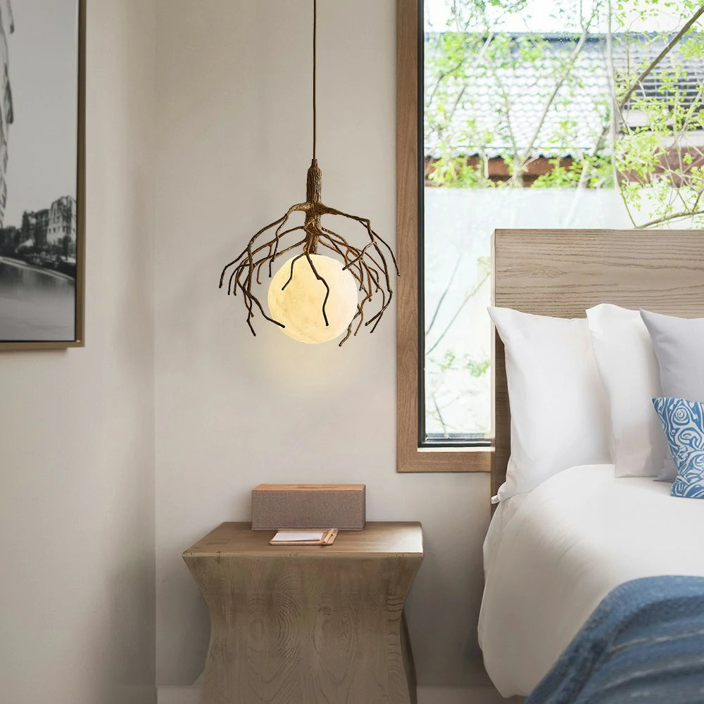 LIVARA Branch Moon Pendant Light B with Warm Light, 3D Printed Moon Shade Resin Tree Design Ceiling Lamp