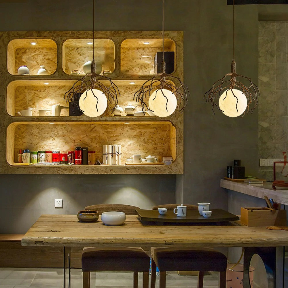 LIVARA Branch Moon Pendant Light B with Warm Light, 3D Printed Moon Shade Resin Tree Design Ceiling Lamp