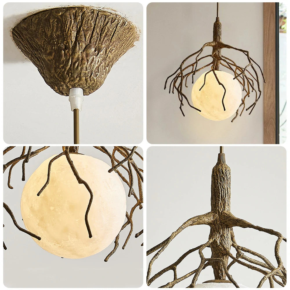 LIVARA Branch Moon Pendant Light B with Warm Light, 3D Printed Moon Shade Resin Tree Design Ceiling Lamp