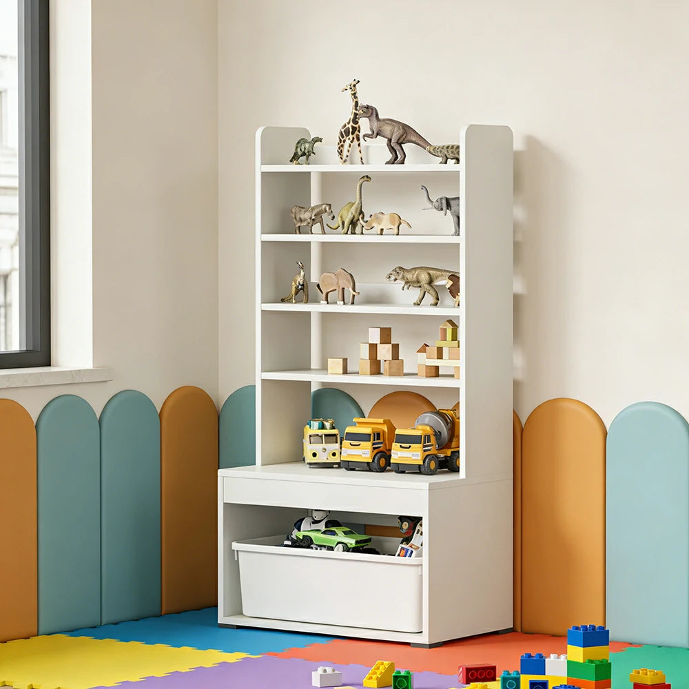LIVARA Kids Toy Storage Shelf - Multi-Tier Open Shelving with Pull-Out Bin, Large Capacity Organiser for Playroom & Bedroom - White