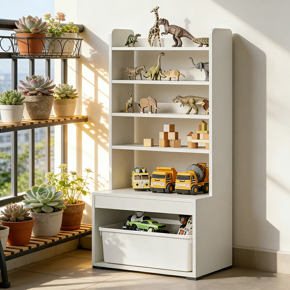 LIVARA Kids Toy Storage Shelf - Multi-Tier Open Shelving with Pull-Out Bin, Large Capacity Organiser for Playroom & Bedroom - White