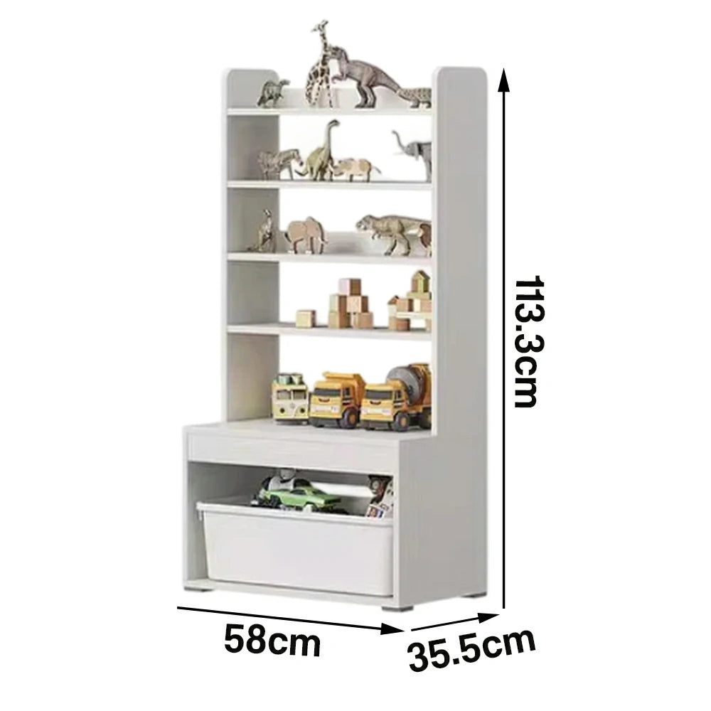 LIVARA Kids Toy Storage Shelf - Multi-Tier Open Shelving with Pull-Out Bin, Large Capacity Organiser for Playroom & Bedroom - White