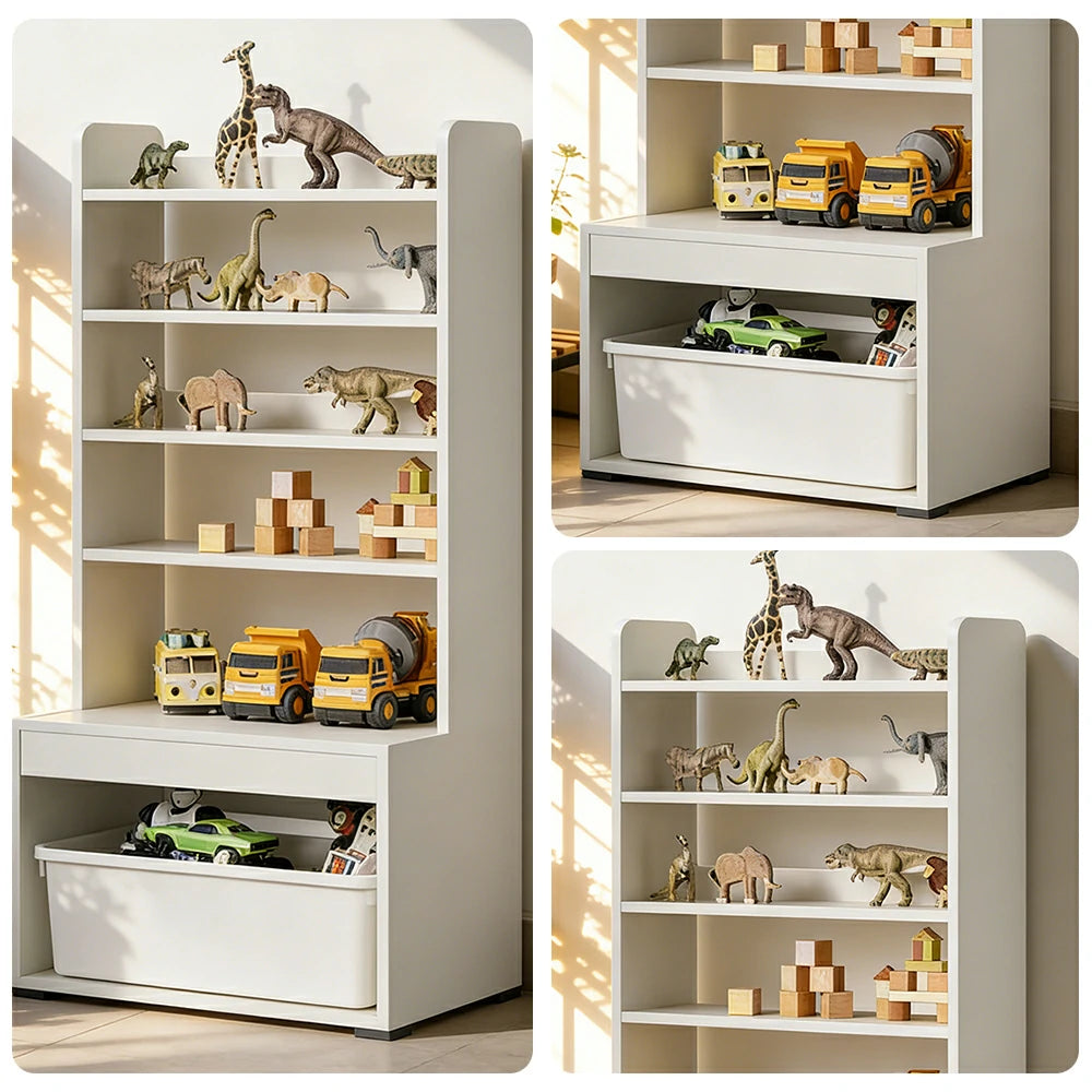 LIVARA Kids Toy Storage Shelf - Multi-Tier Open Shelving with Pull-Out Bin, Large Capacity Organiser for Playroom & Bedroom - White