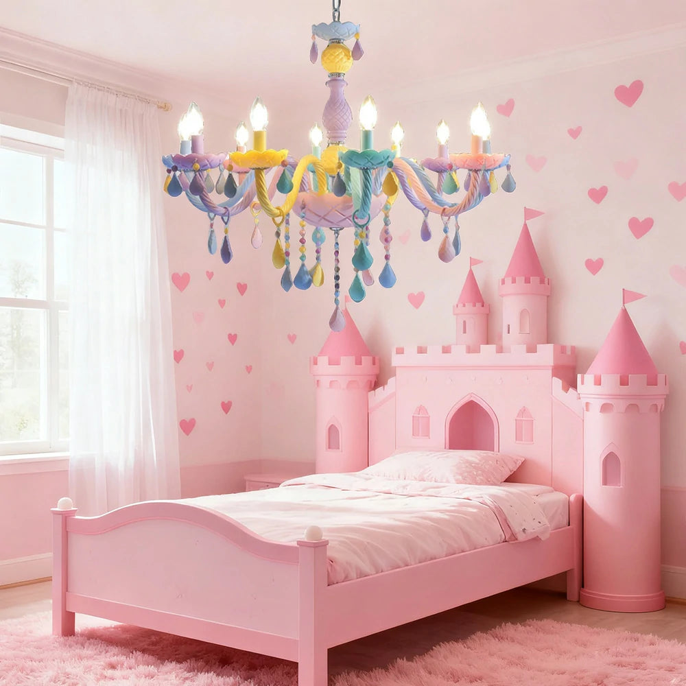 LIVARA Macaron Chandelier 5/8/10-Head LED Warm Light, Colorful Glass & Stainless Steel Ceiling Lamp for Kids Room