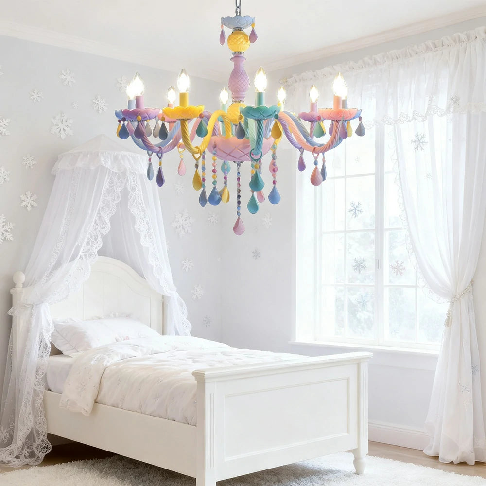 LIVARA Macaron Chandelier 5/8/10-Head LED Warm Light, Colorful Glass & Stainless Steel Ceiling Lamp for Kids Room