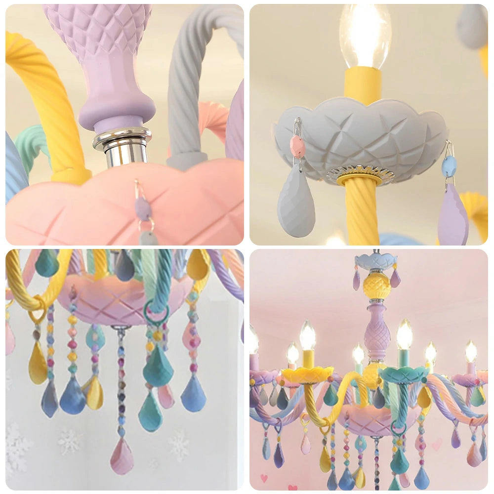 LIVARA Macaron Chandelier 5/8/10-Head LED Warm Light, Colorful Glass & Stainless Steel Ceiling Lamp for Kids Room