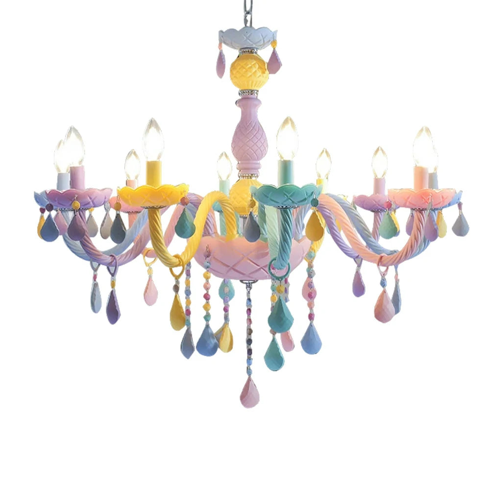 LIVARA Macaron Chandelier 5/8/10-Head LED Warm Light, Colorful Glass & Stainless Steel Ceiling Lamp for Kids Room