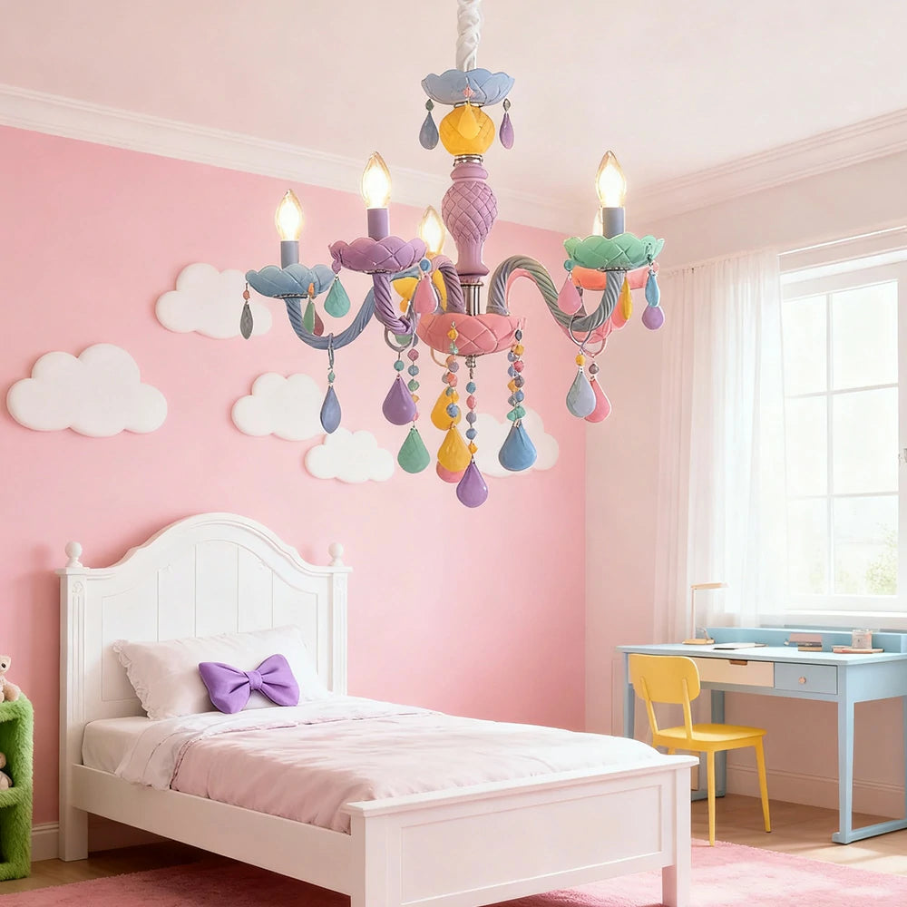 LIVARA Macaron Chandelier 5/8/10-Head LED Warm Light, Colorful Glass & Stainless Steel Ceiling Lamp for Kids Room