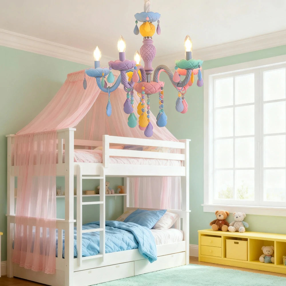 LIVARA Macaron Chandelier 5/8/10-Head LED Warm Light, Colorful Glass & Stainless Steel Ceiling Lamp for Kids Room