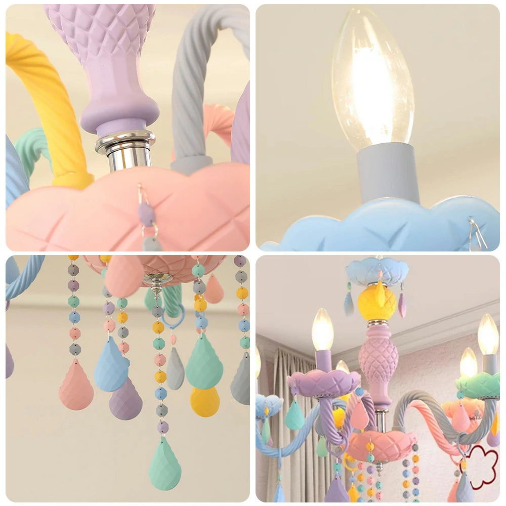 LIVARA Macaron Chandelier 5/8/10-Head LED Warm Light, Colorful Glass & Stainless Steel Ceiling Lamp for Kids Room