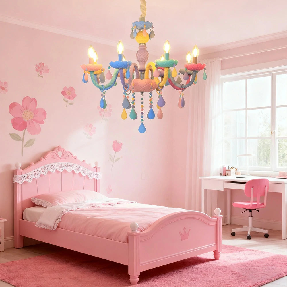 LIVARA Macaron Chandelier 5/8/10-Head LED Warm Light, Colorful Glass & Stainless Steel Ceiling Lamp for Kids Room